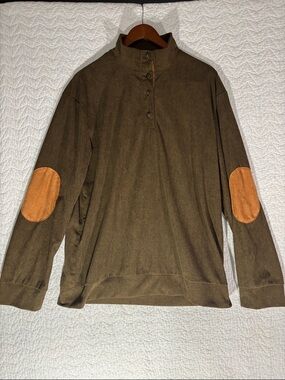 Men's Olive Green Corduroy Quarter-Button Pullover Sweatshirt Tan Elbow Patches
